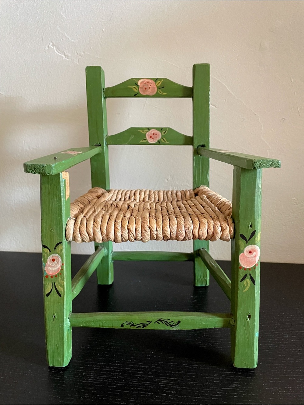 Vintage Hand-Painted Folk Art Doll-Sized Armchair With Woven Rush Seat